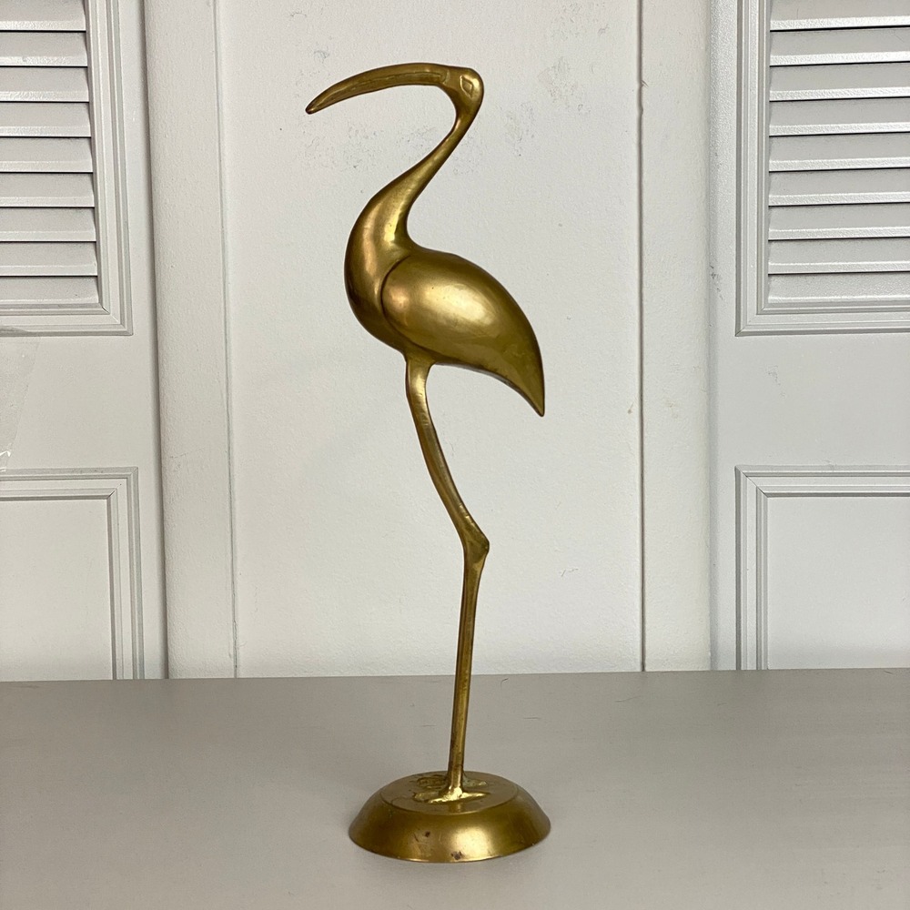 VTG Solid Brass Crane Heron Flamingo Bird Statue Figurine Made India 17" Decor